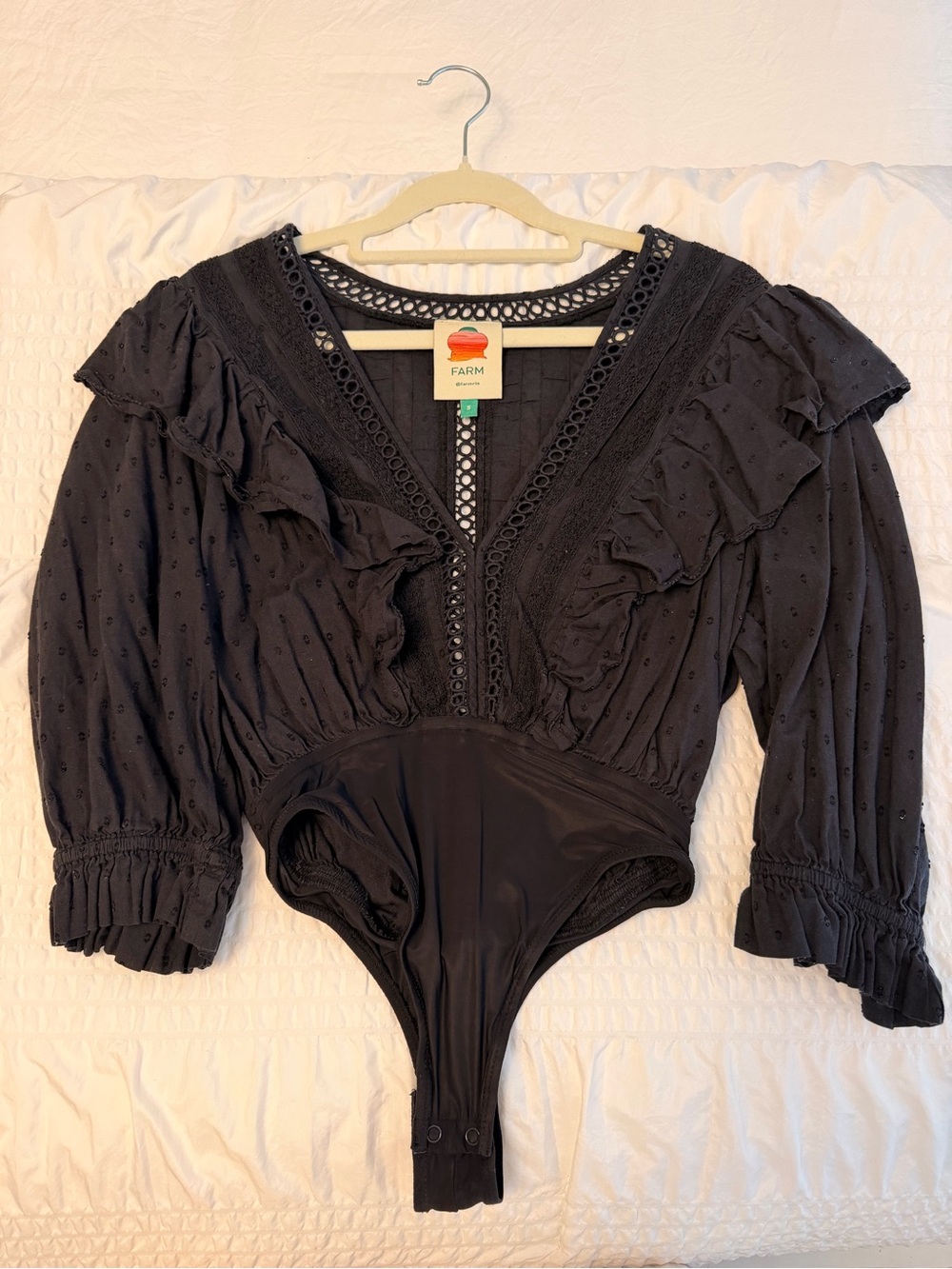 FARM Rio Black Ruffled Eyelet One-Piece Bodysuit